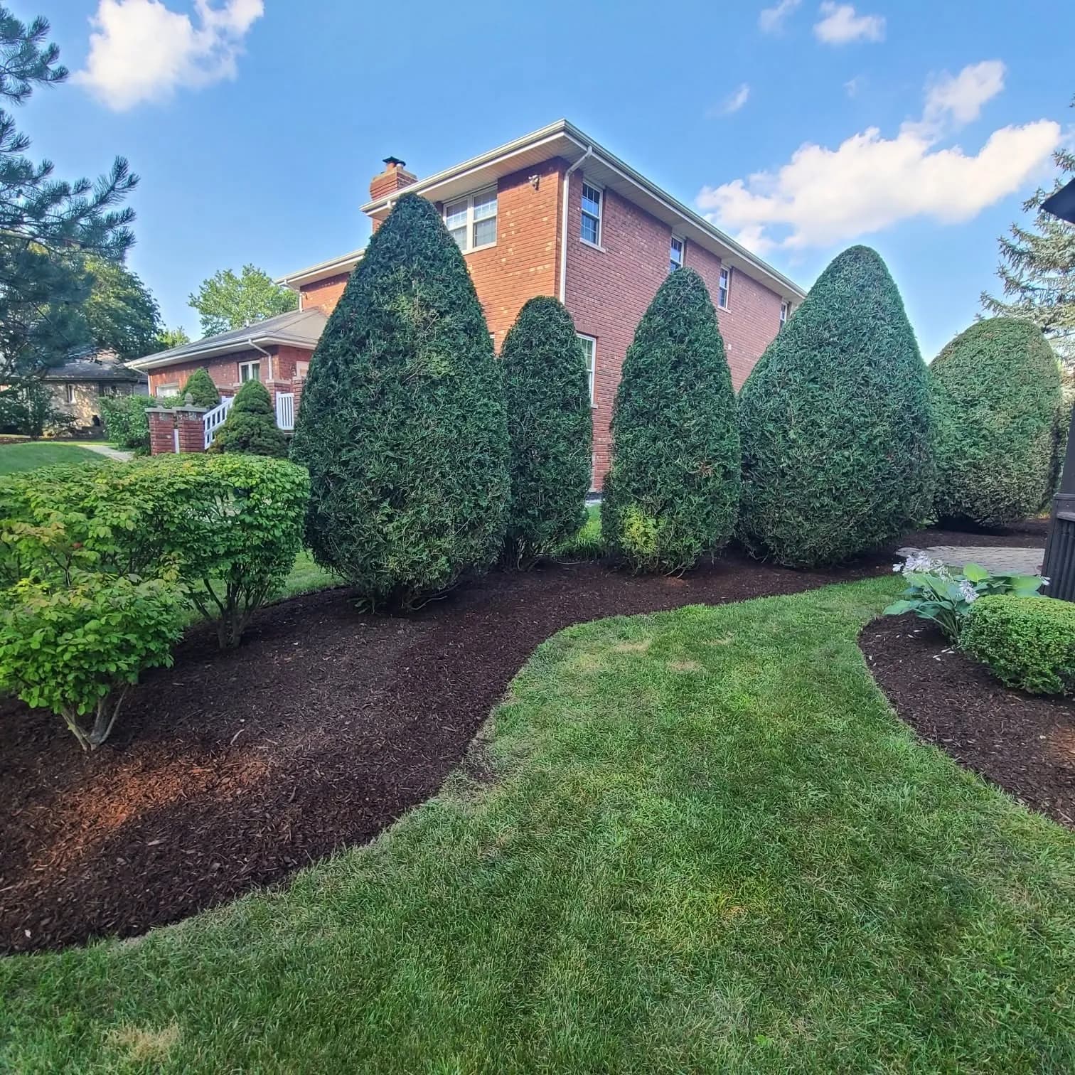 Manicured front lawn with tidy mulch beds and shaped shrubs in the Chicago South Suburbs